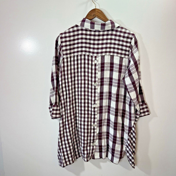 Soft Surroundings Women’s Plaid Blouse Size XL Burgundy Purple Cottage Cabincore - Picture 2 of 7